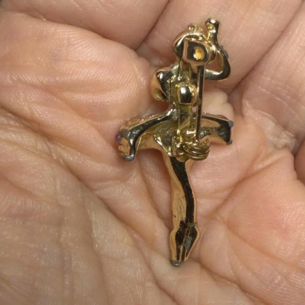 Ballerina Vintage Brooch Rhinestone Skirt Dancer Ballet Pin Gold Tone 1.75 inch